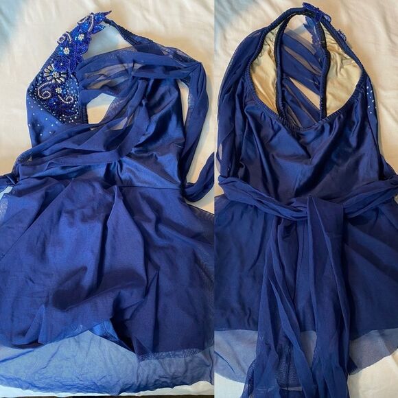 Pumpers solo dance costume navy blue custom mesh halter lyrical dress leotard MC - Picture 1 of 10